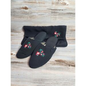 Victorias Secret Vintage Black Satin Floral Embroidered Travel Slippers Bag P/S